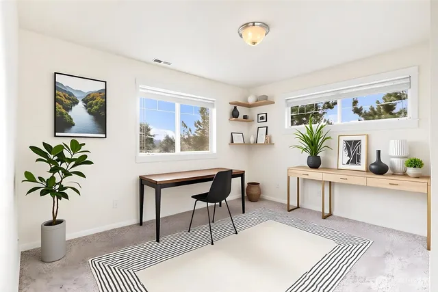 a living room with furniture and a potted plant