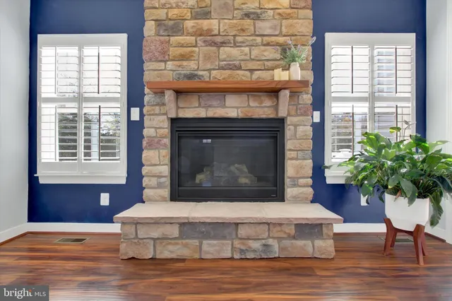a living room with a potted plant and a fireplace