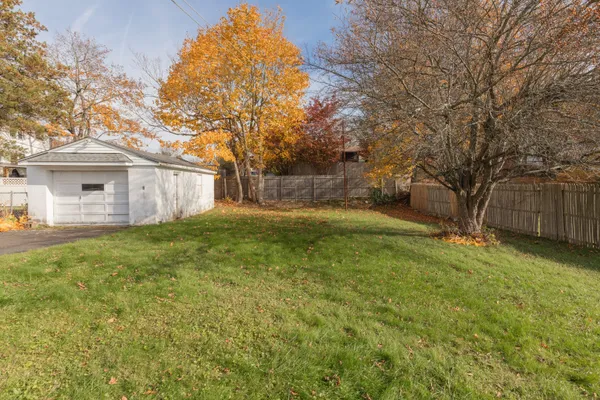 a backyard of a house with plants and large tree