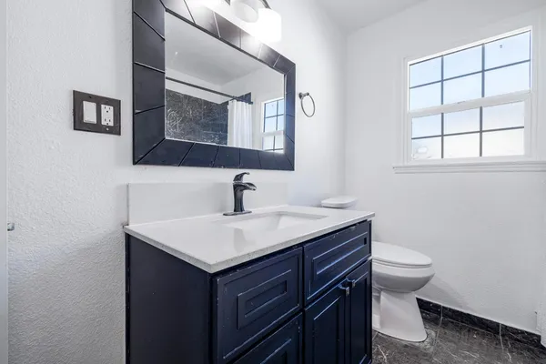 a bathroom with a sink a toilet and mirror