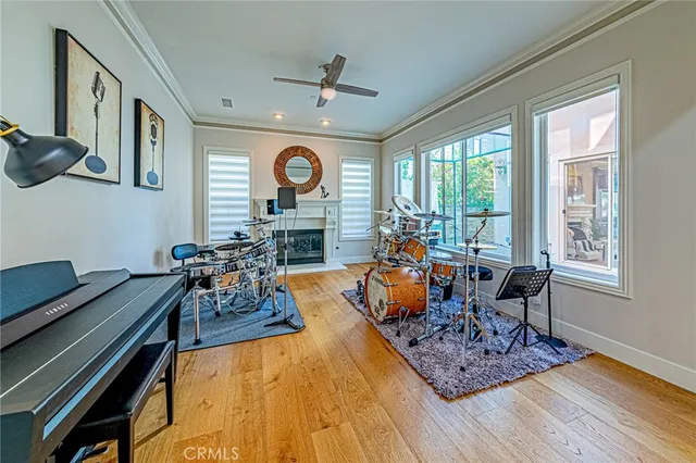 a view of a balcony with wooden floor