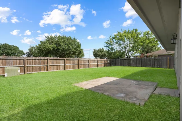 a backyard of a house with yard plants and large tree