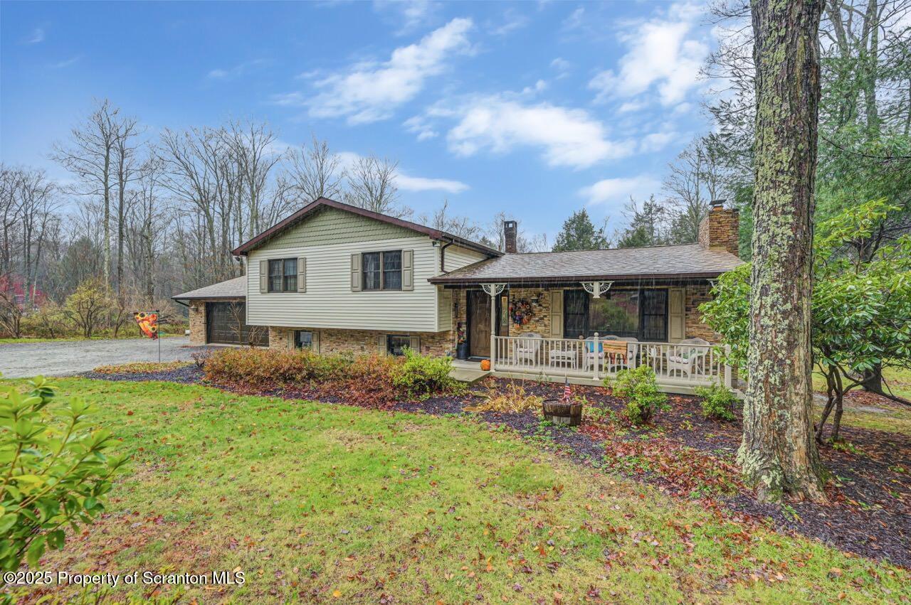 a front view of house with yard and green space