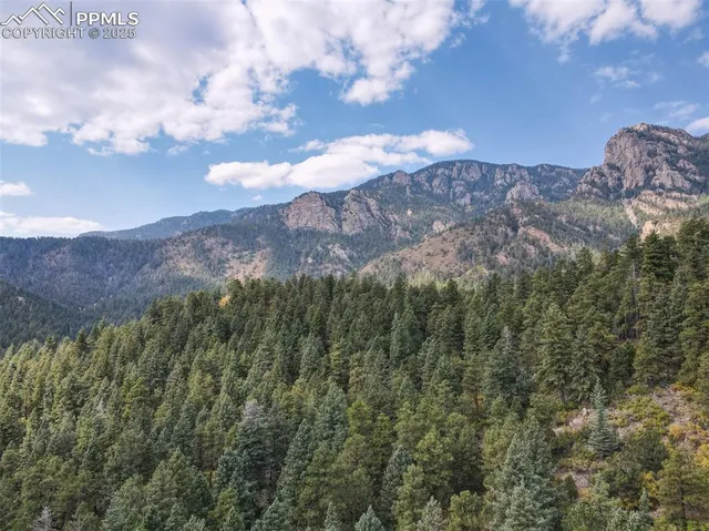 a view of a dry yard with mountains in the background