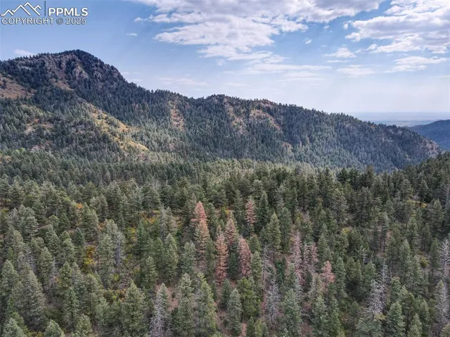 a view of a dry yard with mountains in the background