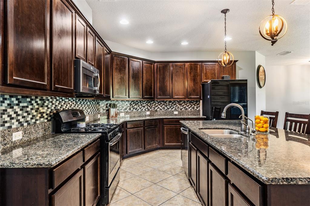 6908 Covington Stone Avenue Apollo Beach, FL 33572 - Photo 14 of 60 a kitchen with granite countertop stainless steel appliances a sink a stove and cabinets
