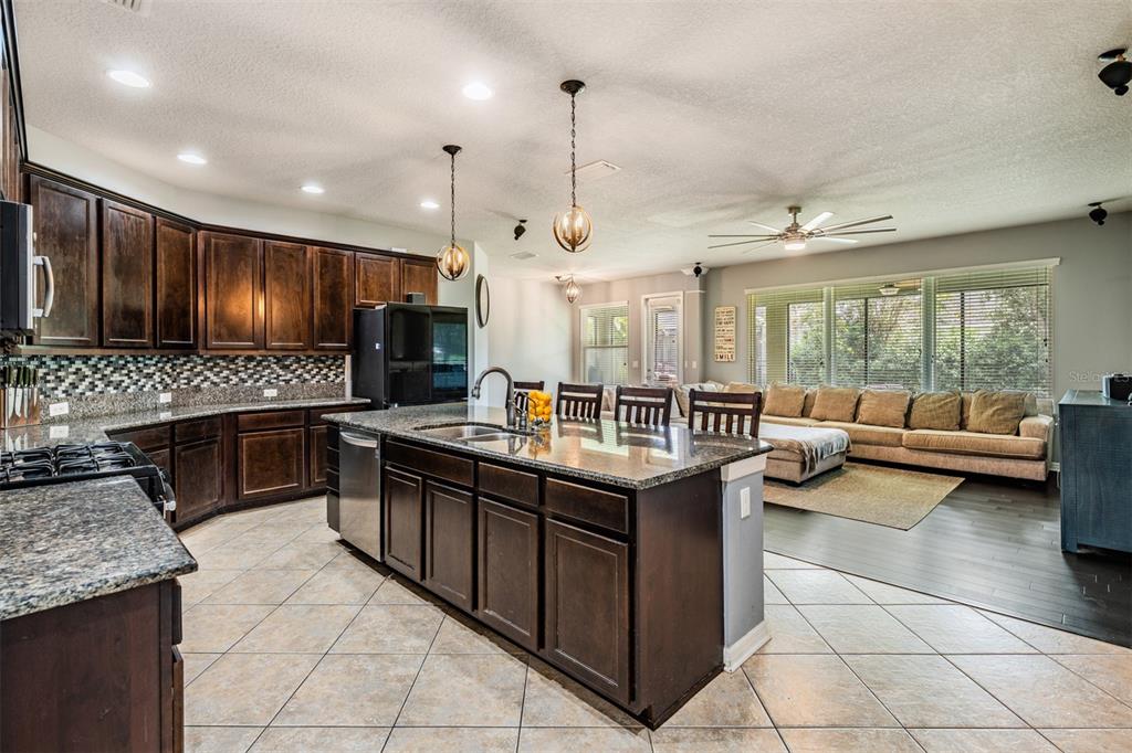 6908 Covington Stone Avenue Apollo Beach, FL 33572 - Photo 15 of 60 a kitchen with granite countertop a stove a sink and a refrigerator