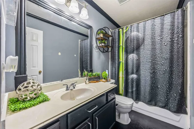 a bathroom with a granite countertop sink a toilet a mirror and shower curtain