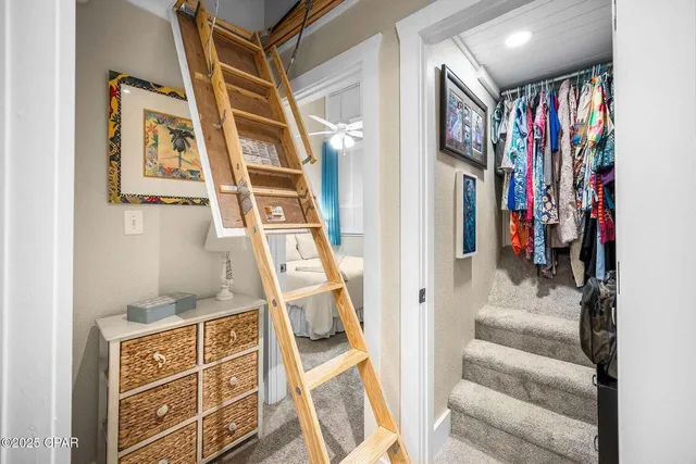 an aerial view of a house with a garden