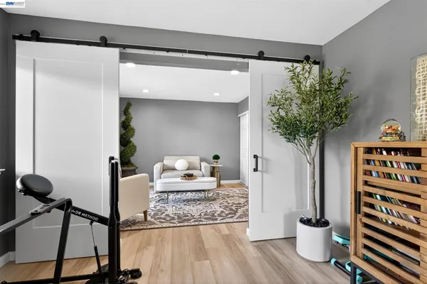 a living room with furniture and a potted plant