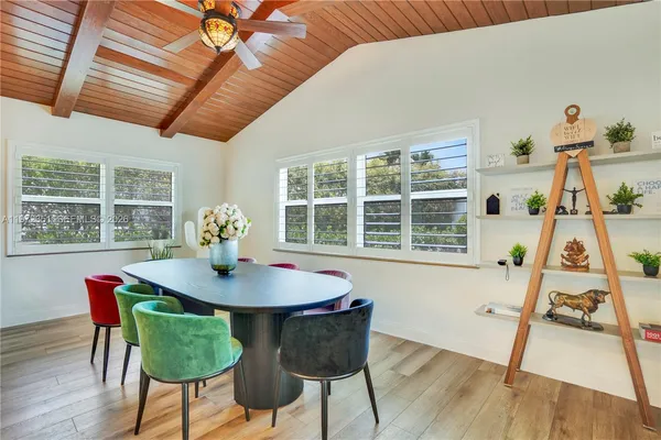 a view of a dining room with furniture window and outside view