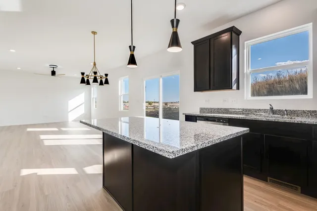 a kitchen with stainless steel appliances granite countertop a sink and a refrigerator