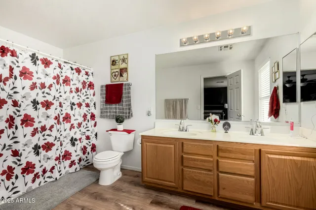 a bathroom with a sink mirror vanity and toilet