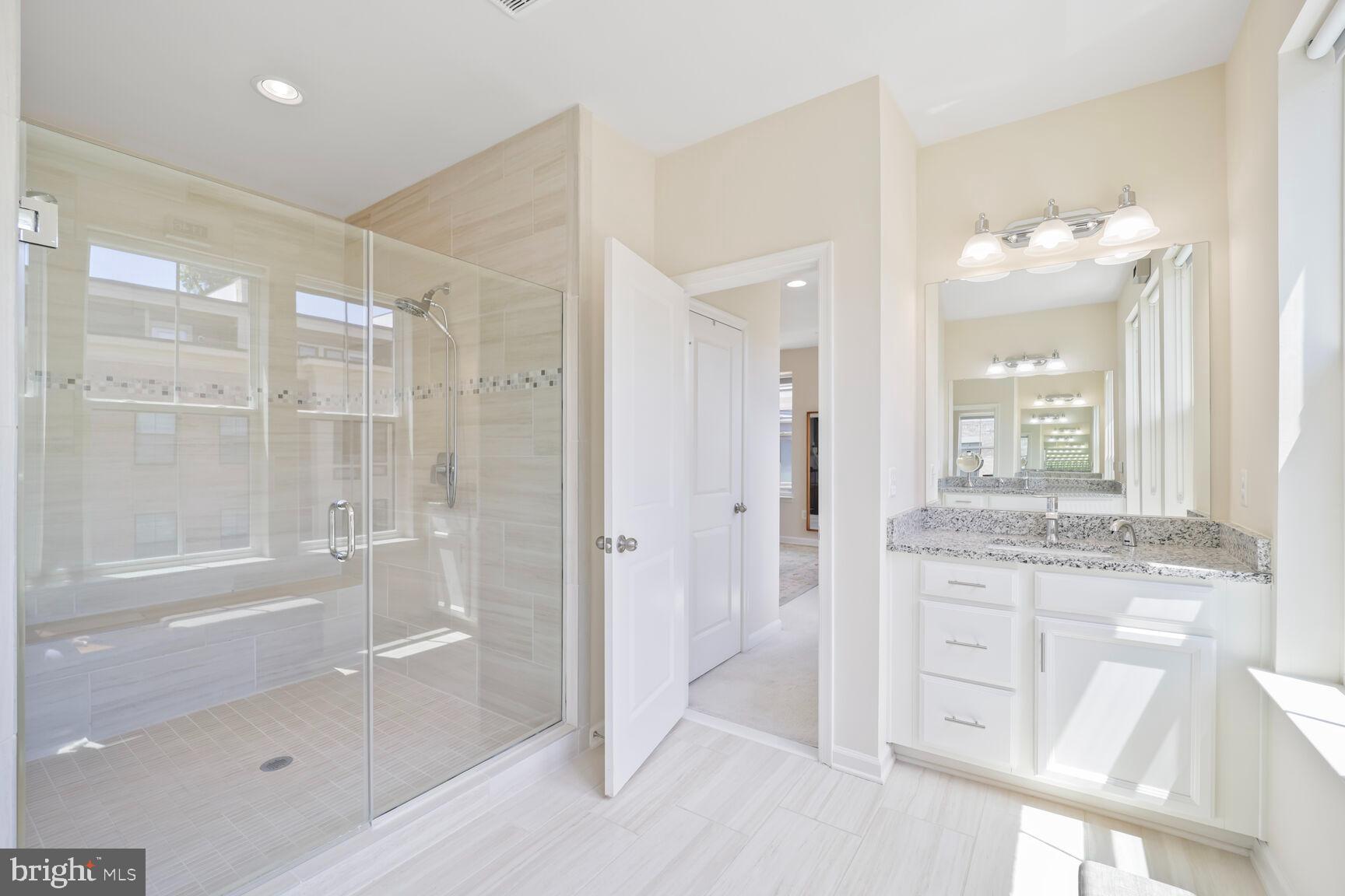515 Riversail Lane, Unit 430 Oxon Hill, MD 20745 - Photo 27 of 54 a bathroom with a granite countertop sink a mirror and a shower
