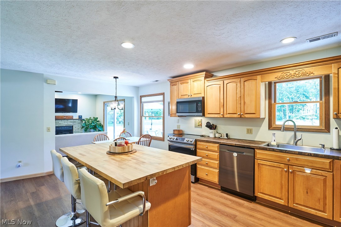 1121 Novak Road Grafton, OH 44044 - Photo 17 of 37 Kitchen featuring appliances with stainless steel finishes, sink, light hardwood / wood-style flooring, and pendant lighting