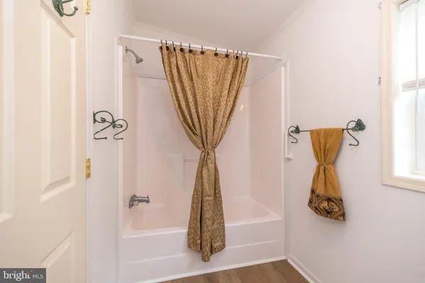 a bathroom with a shower curtain and a window
