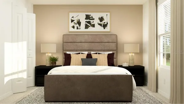 a bedroom with a bed and a painting on the wall