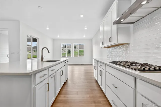 a kitchen with stainless steel appliances a sink stove and cabinets