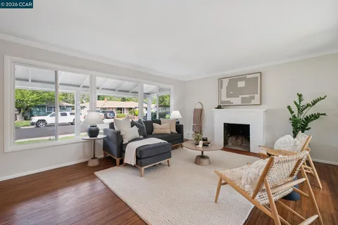 a living room with furniture a fireplace and a potted plant