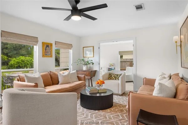 a living room with furniture and a large window