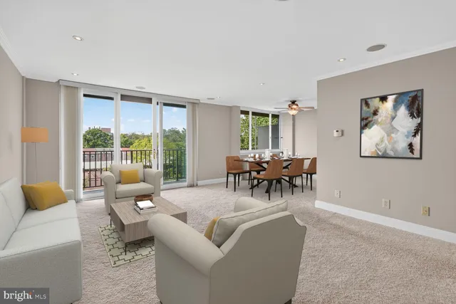 a view of a building with sitting area