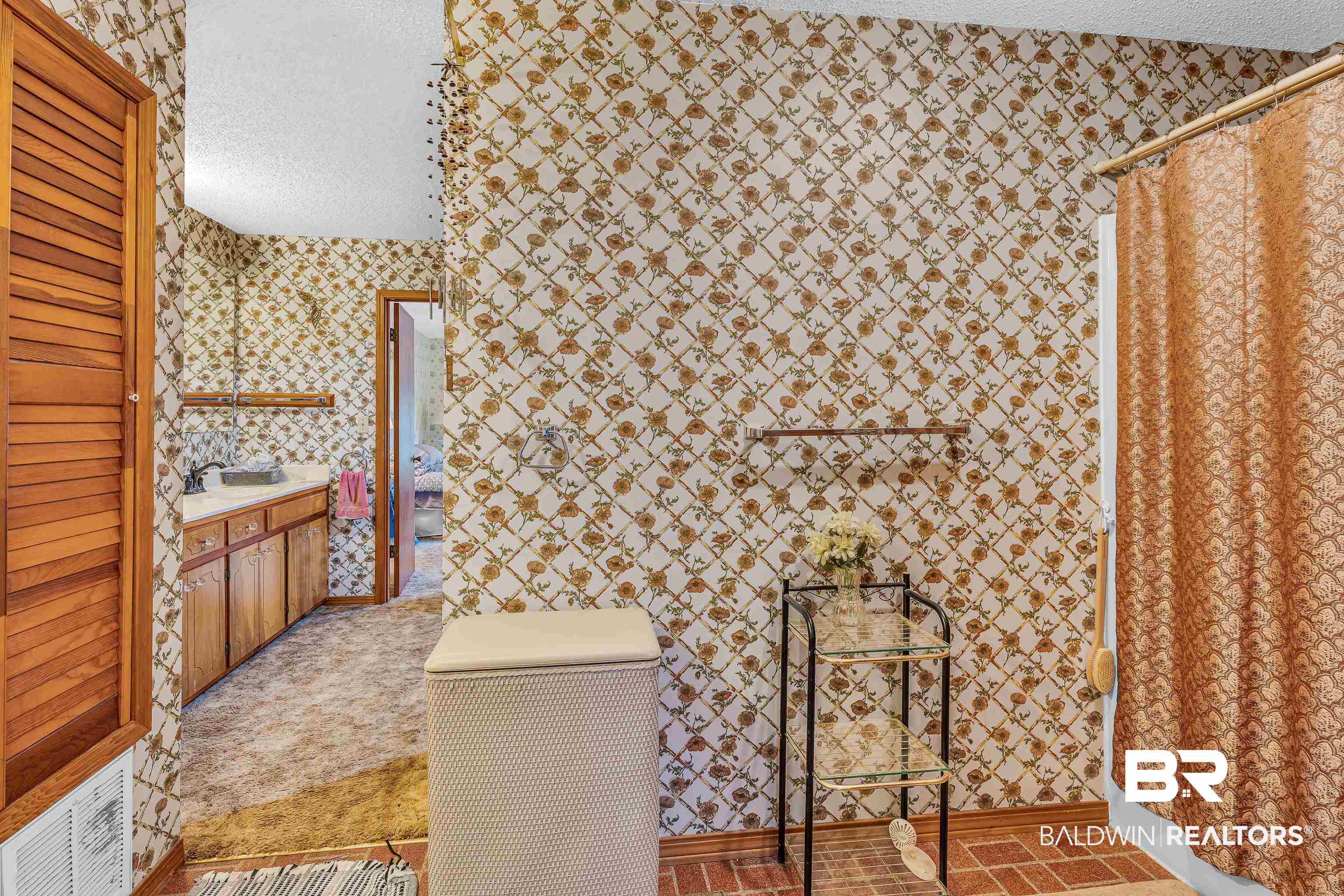 72075 Highway 59 Little River, AL 36550 - Photo 19 of 40 Bathroom with wallpapered walls, a textured ceiling, vanity, and a shower with shower curtain