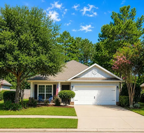 a front view of a house with a yard and potted plants