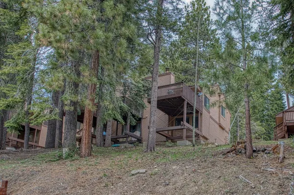 a view of a wooden house with a yard and large trees