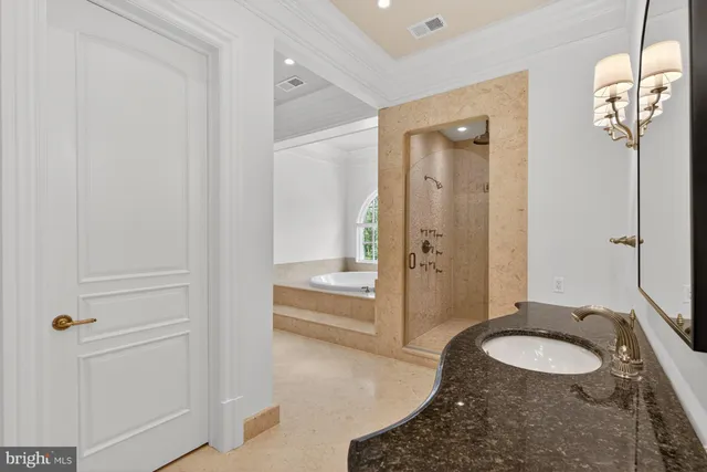 a bathroom with a granite countertop sink a mirror and a shower