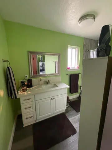 a bathroom with a sink a toilet and mirror