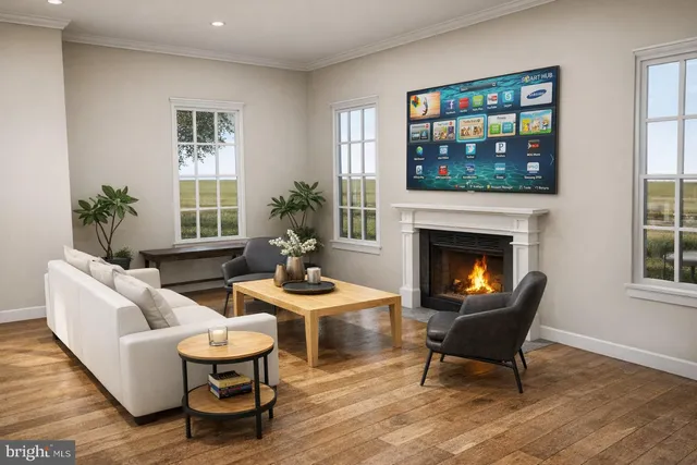 a living room with furniture a rug a fireplace and windows