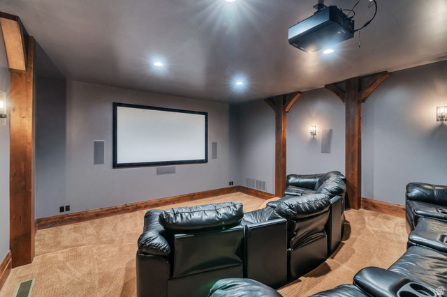 811 South High Ridge Drive Alpine, UT 84004 - Photo 51 of 98 Cinema featuring light colored carpet, recessed lighting, and arched walkways