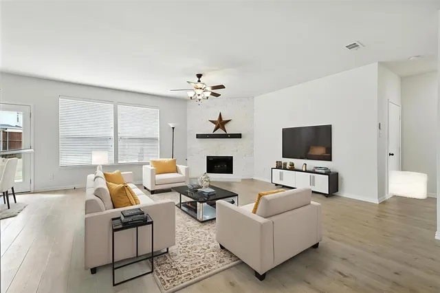 a living room with fireplace furniture and a flat screen tv