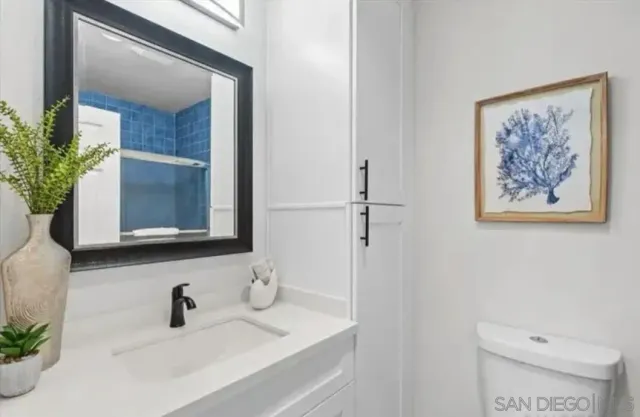 a bathroom with a sink a mirror and a toilet