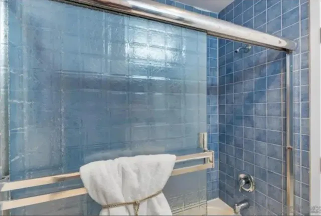 a bathroom with a shower and a sink