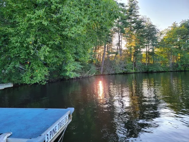 a view of a lake with houses in the back