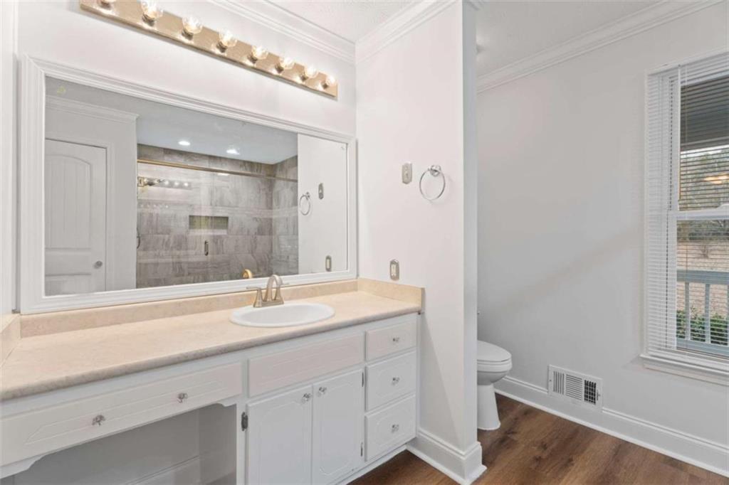 2284 Alcovy Station Road Covington, GA 30014 - Photo 26 of 45 a bathroom with a granite countertop sink a toilet and a window
