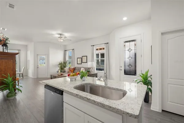a kitchen with a sink a faucet a potted plant and windows