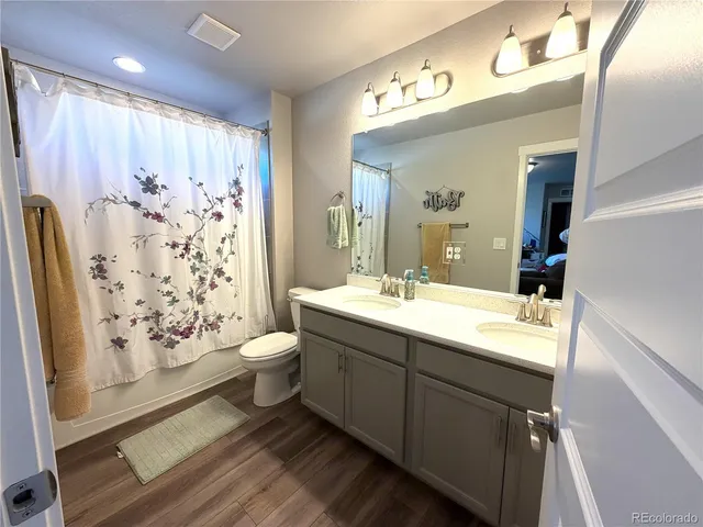 a bathroom with a granite countertop sink toilet and shower