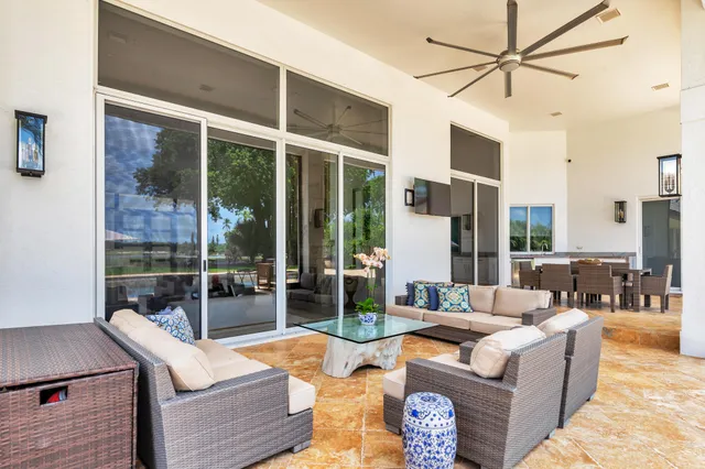 an aerial view of a house with a garden