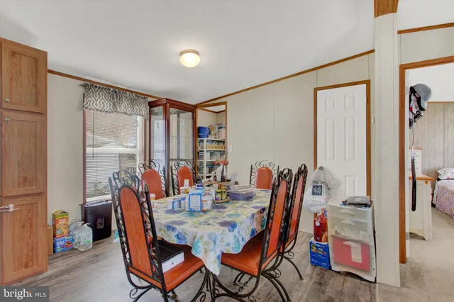 a view of a dining room with furniture