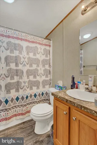 a bathroom with a granite countertop sink mirror vanity and toilet