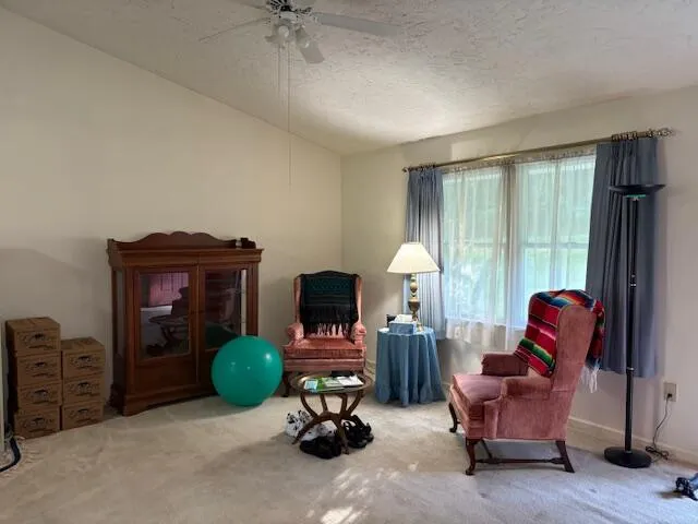 a room with furniture a chandelier and a window