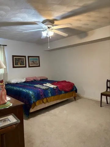a bedroom with a bed and a desk