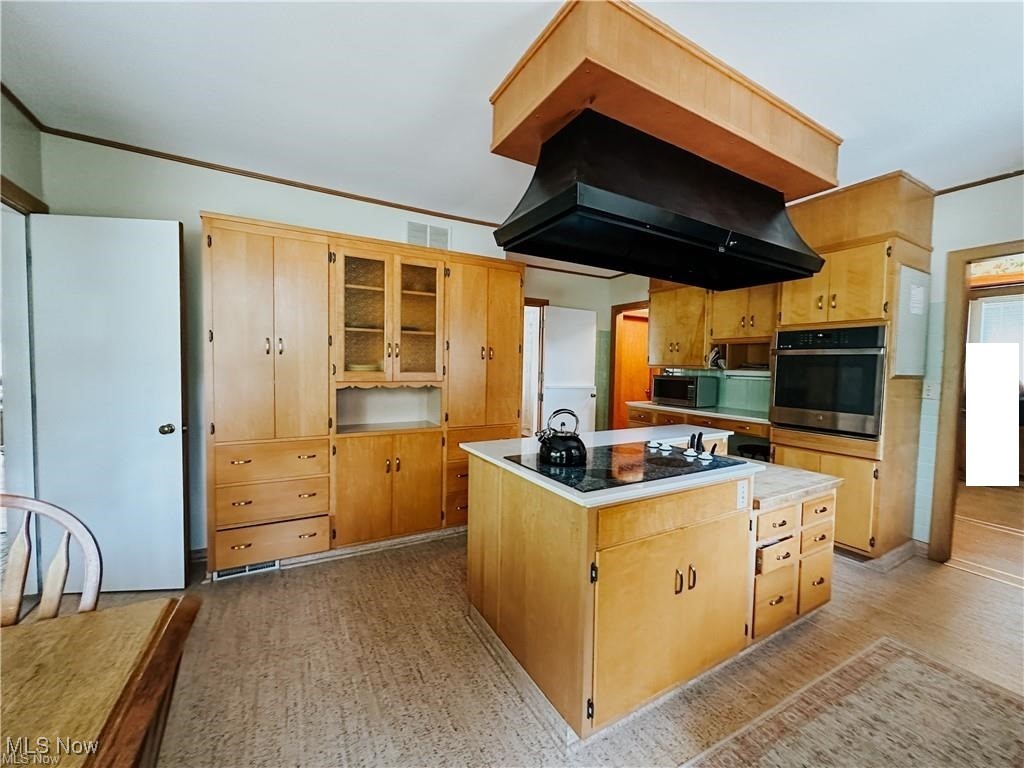 151 Oakley Road Wooster, OH 44691 - Photo 17 of 50 Kitchen with stainless steel appliances, a center island, custom exhaust hood, and light hardwood / wood-style floors