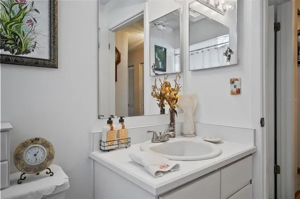 a bathroom with a sink and a mirror