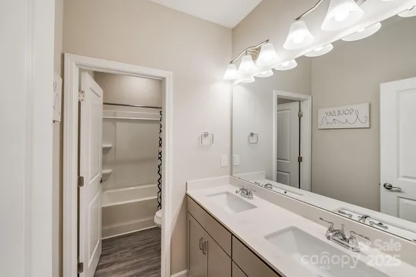 a bathroom with a double vanity sink mirror and shower