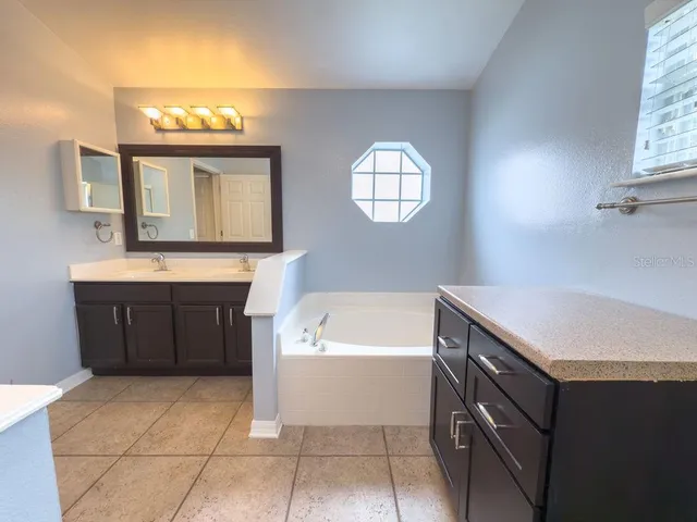 a bathroom with a tub sink and a mirror