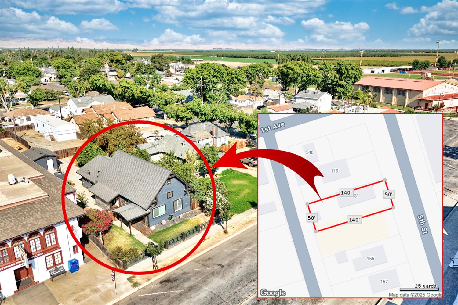 131 5th Street Gustine, CA 95322 - Photo 85 of 92 an aerial view of a swimming pool with outdoor seating and yard in back