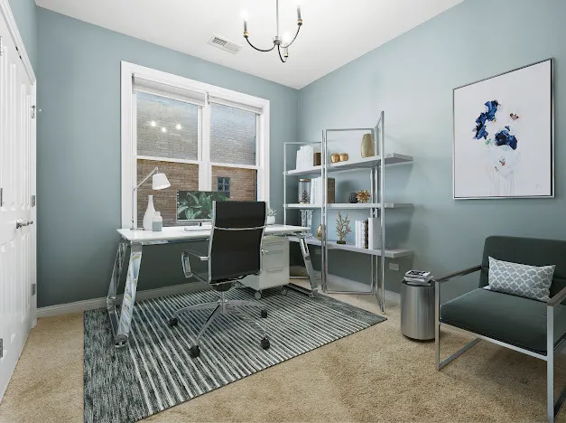 a living room with furniture a rug and white walls